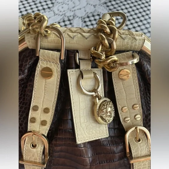 Vintage Versace Brown/Cream Croc EmbossedLeather Madonna Satchel NWT - Picture 8 of 12
